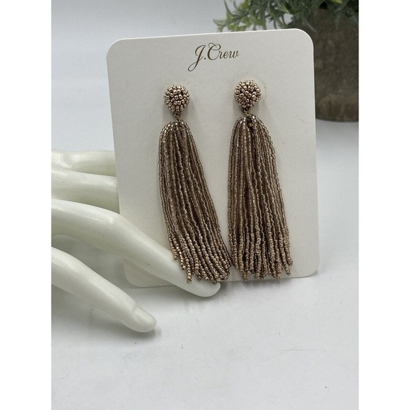 J. Crew Beaded Tassel Earrings Taupe Blush Gold Plated Brass Casting BN348 NWT - Picture 1 of 11